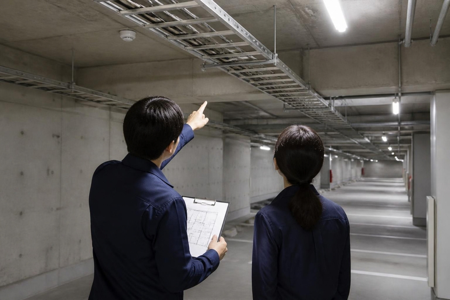 地下駐車場で図面を持ち、天井のケーブルラックを指さして確認する2人
