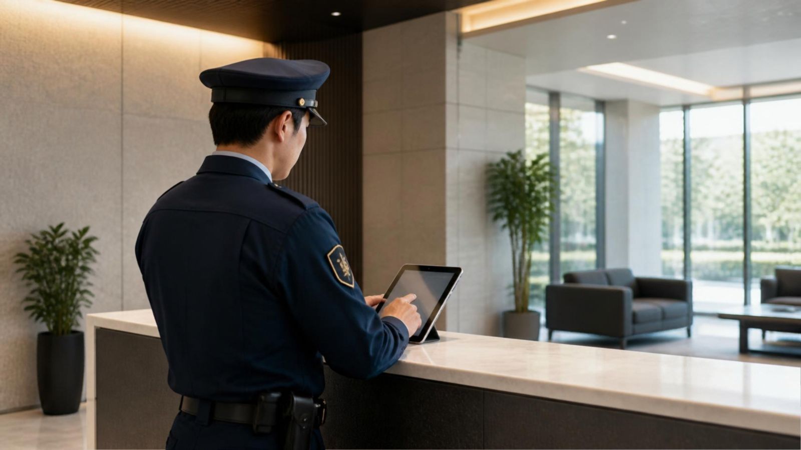 オフィスビルの受付カウンターでタブレットを操作する警備員