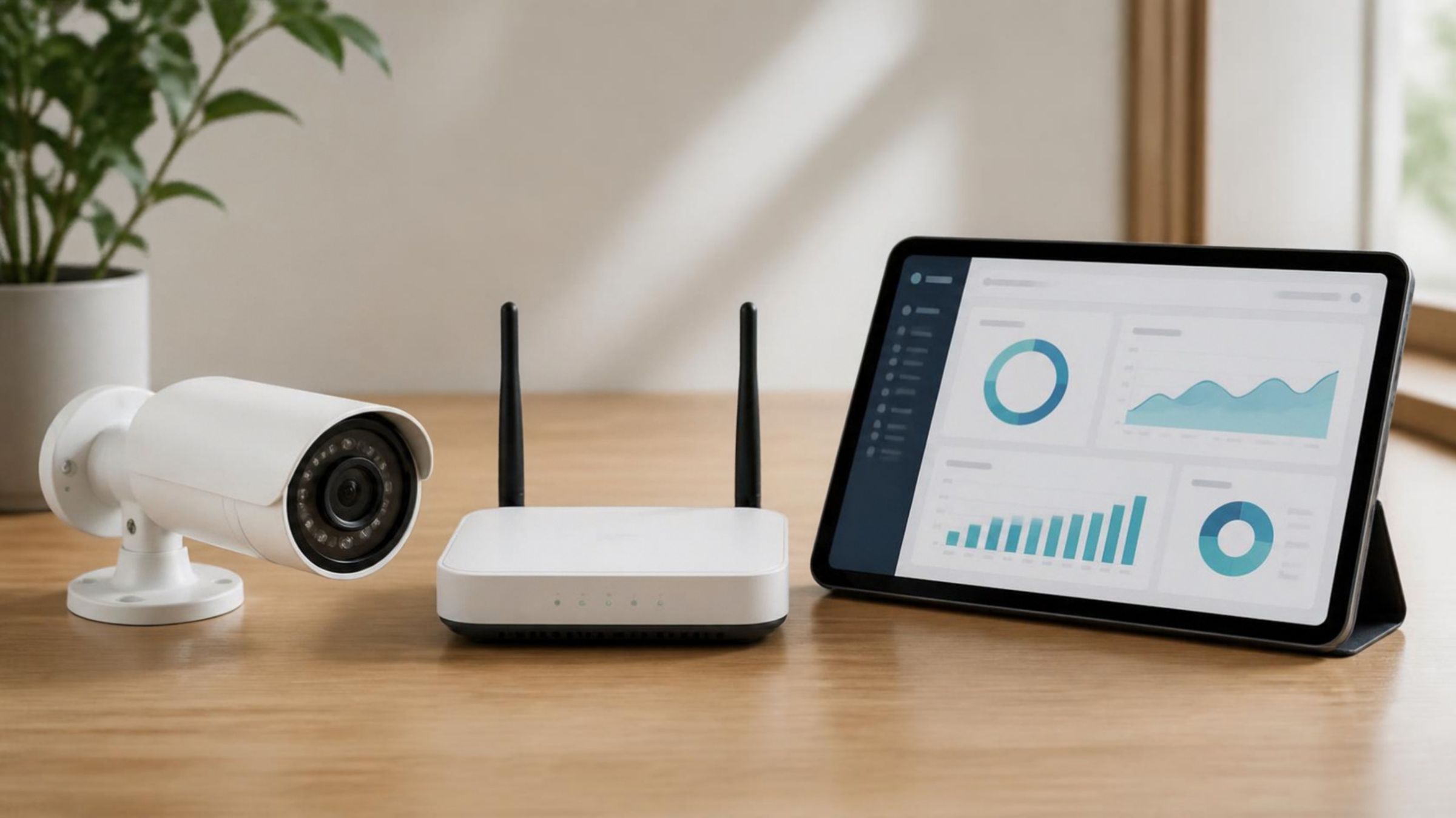 監視カメラとルーター、ダッシュボードを表示したタブレット