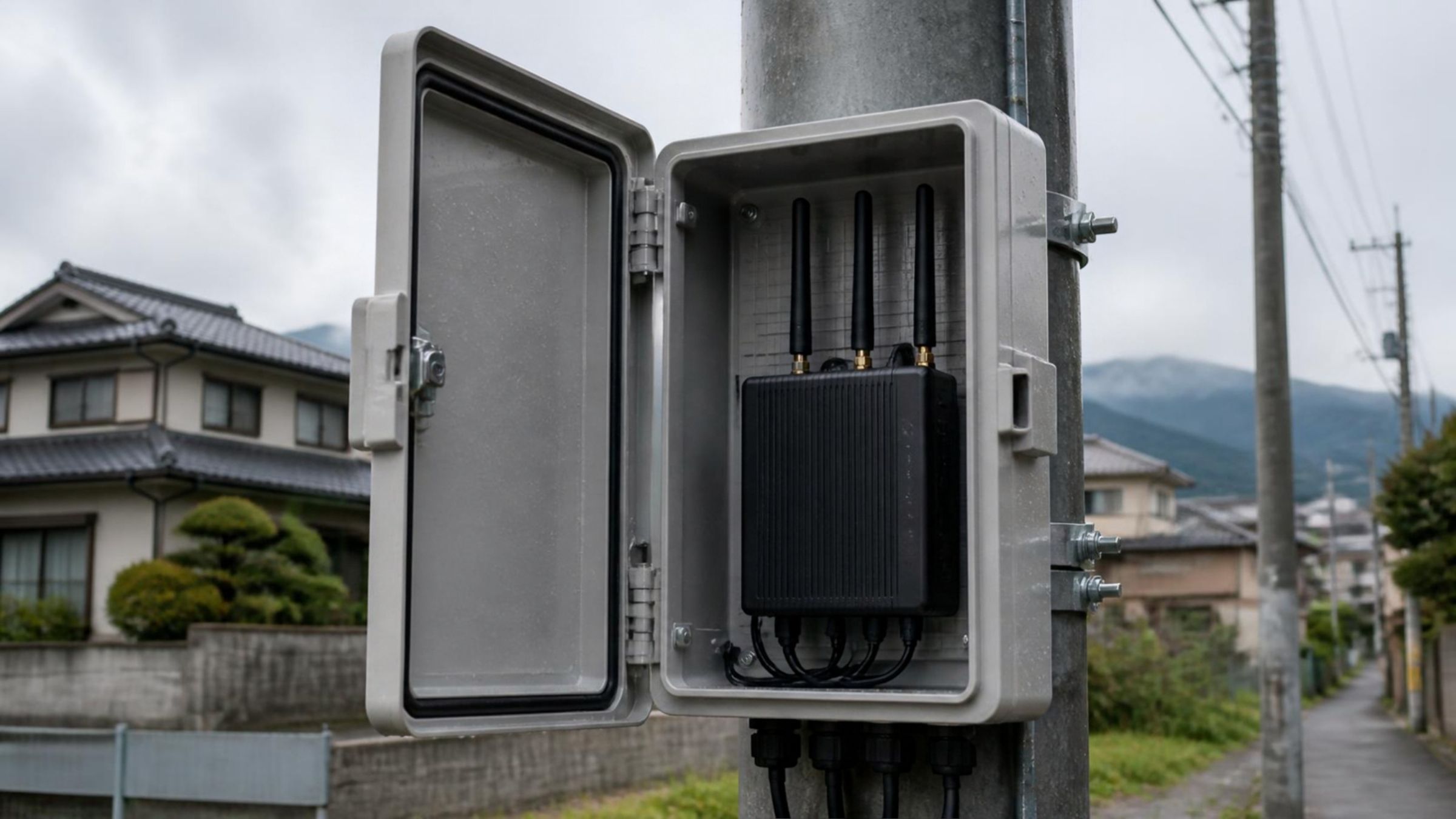 電柱の収納ボックスに入った、アンテナ付きのLTEルーター
