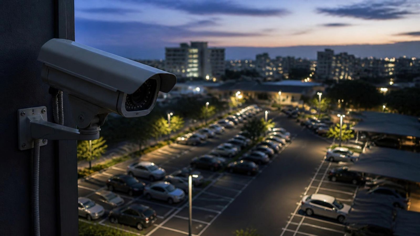 夕暮れの駐車場を見下ろす監視カメラ