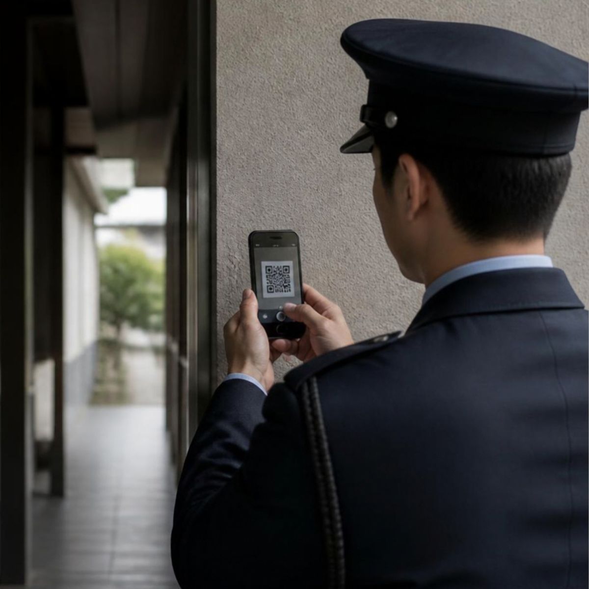 巡回中の警備員が、壁のQRコードをスマートフォンで読み取る様子
