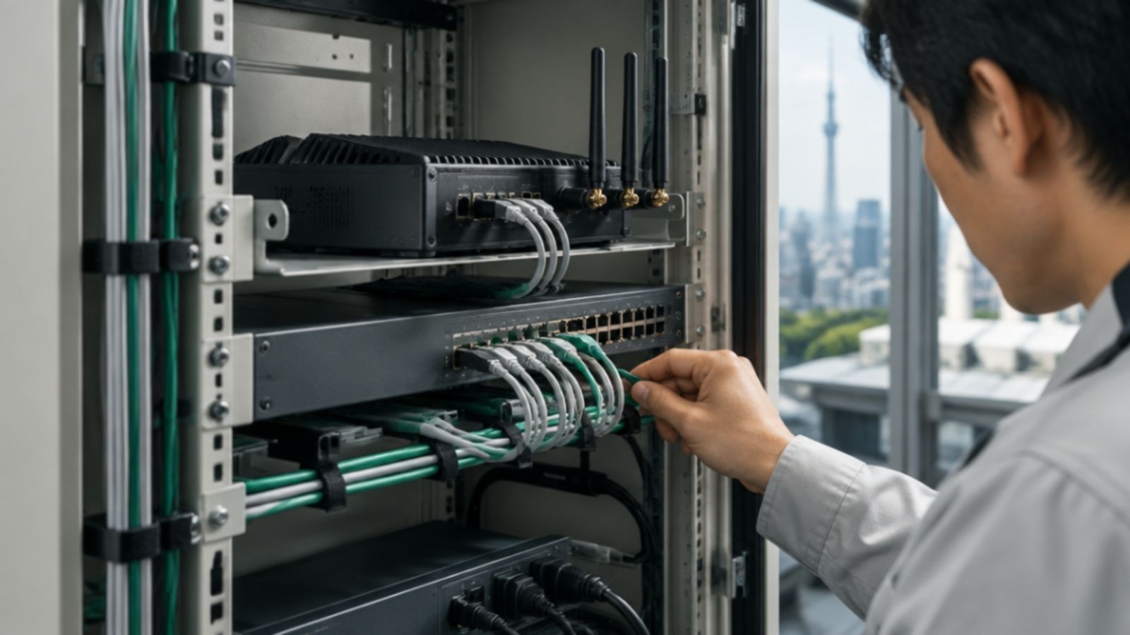 ラックのルーターとスイッチに、ケーブルを差し込む技術者