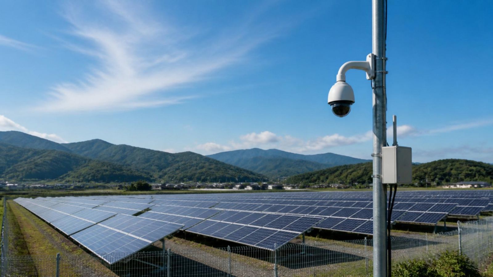 太陽光発電所の柱に設置された監視カメラ