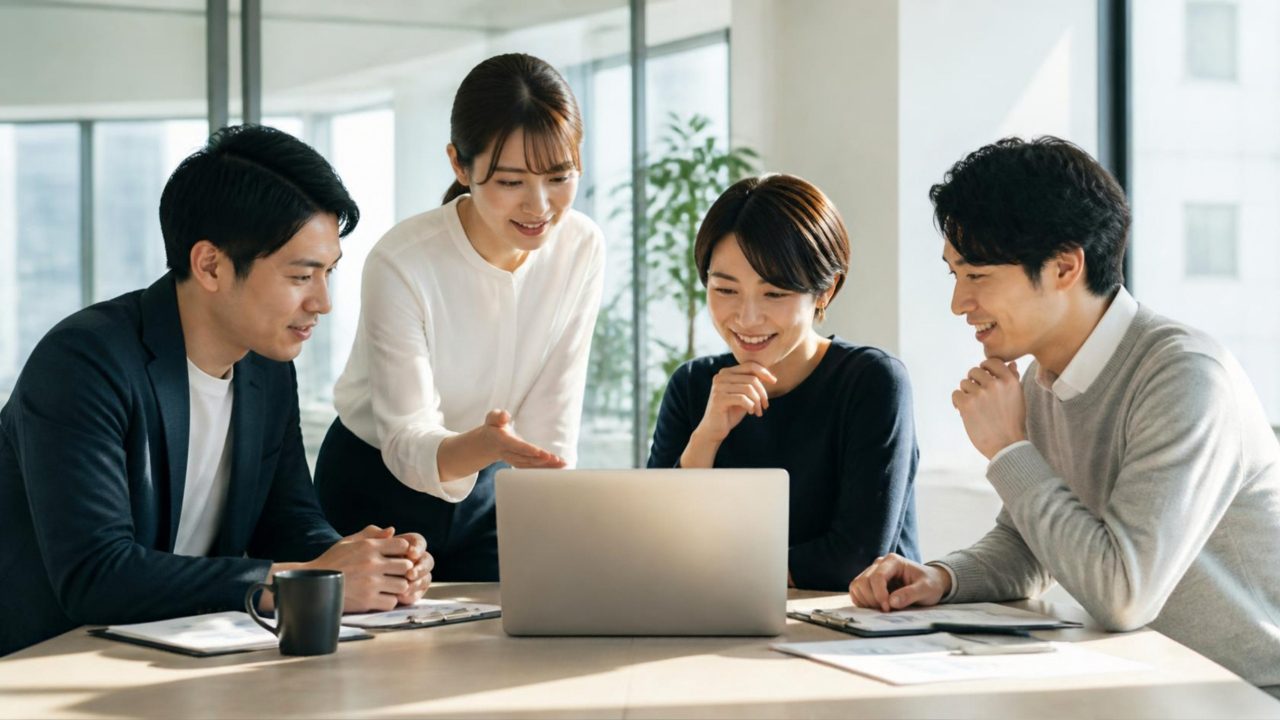 ノートパソコンの画面を囲んで打ち合わせをするチーム